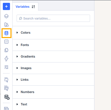 Panel zmiennych globalnych w Divi 5 – ikona Variable Manager i lista kategorii: Colors, Fonts, Gradients, Images, Links, Numbers, Text
